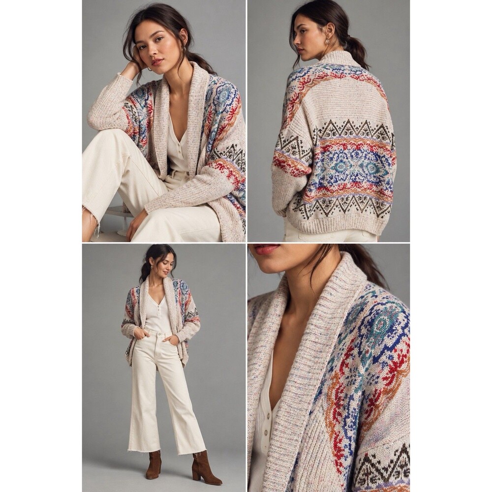 Anthropologie Pilcro Jacquard Cocoon Cardigan Sweater M Multicolor Boho Cotton